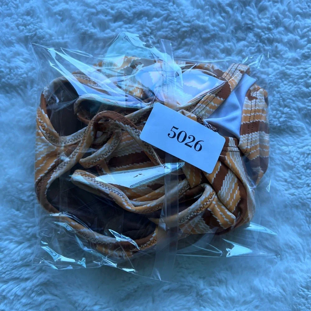 Aerie Real Good Orange Brown Chevron Geometric Scoop Neck Bikini Top Small NWOT